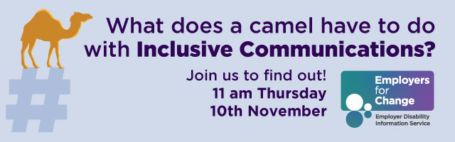 Light purple background, graphic of a light brown camel, standing on a light purple hashtag symbol. What does a camel have to do with inclusive communications? Join us to find out! 11am Thursday 10th November. Employers for Change logo. employersforchange.ie